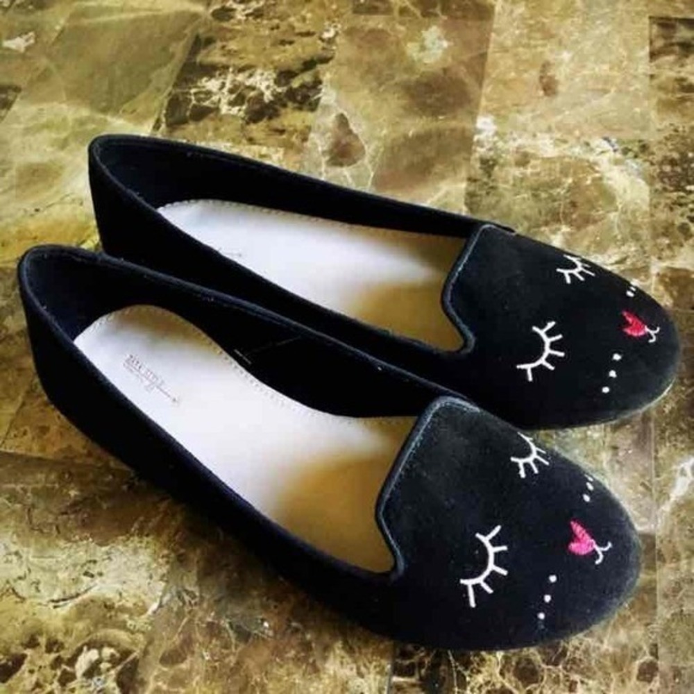 NEW Zara Girls Suede Cat Flats Slip On Loafers Kitty Embroidered Shoes sz 13,5